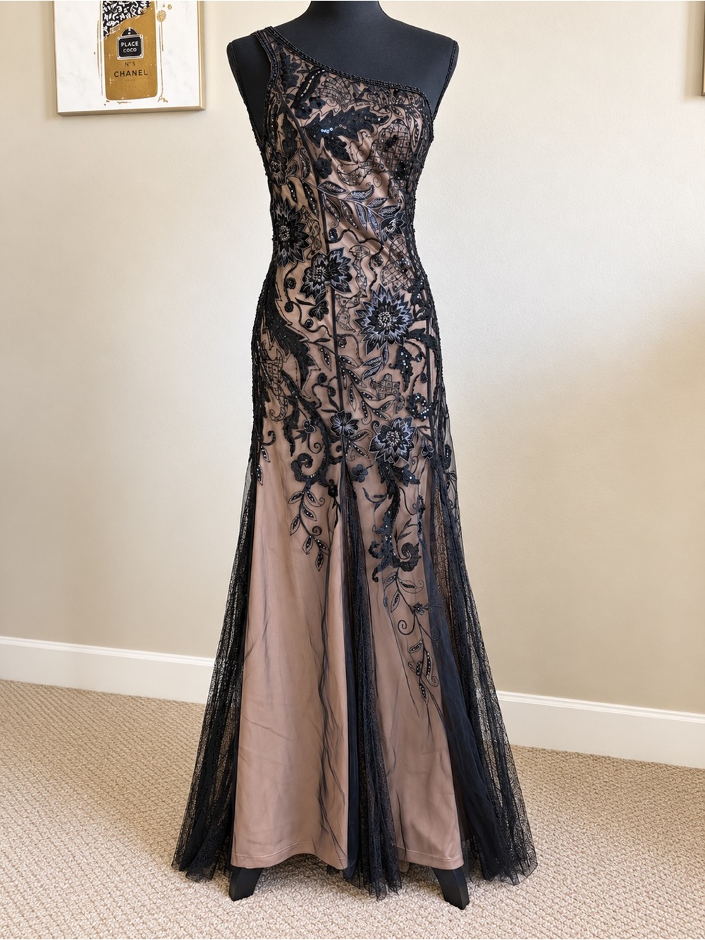 Sue Wong Nocturne One Shoulder Beaded Sequin Formal Gown Size 2